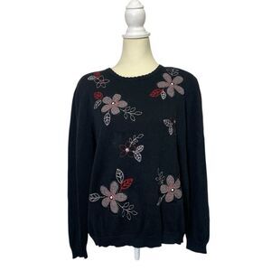 Vintage Alfred Dunner Black Knit Ramie Sweater W/ Embroidered Flowers Women's LG